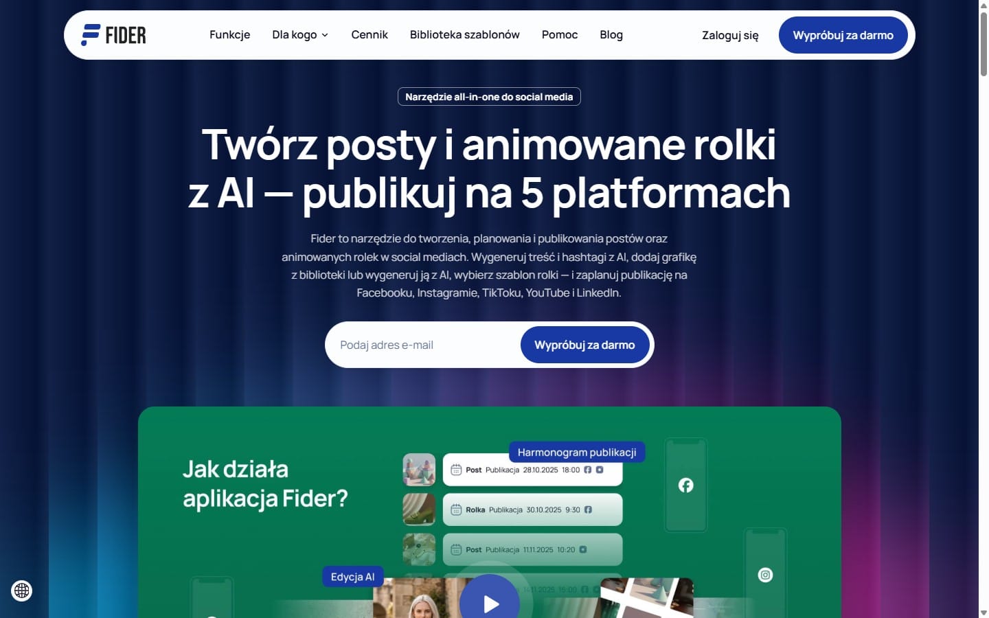 Strona główna Fider — tworzenie postów i animowanych rolek z AI